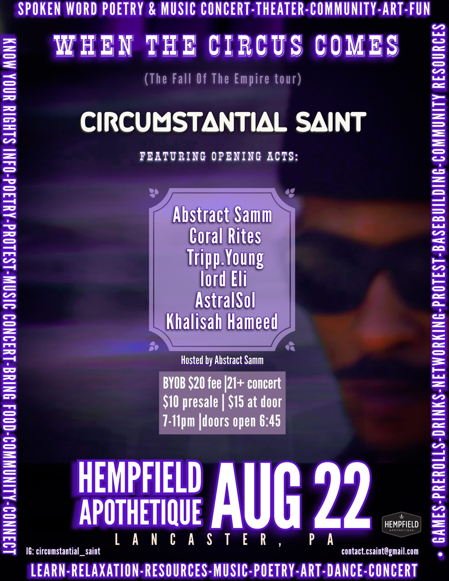 When the Circus Comes | The Fall of the Empire Tour | Poetry. Music. Resistance | Circumstantial Saint | Hempfield Apothetique | The Lounge at Hempfield Apothetique | Lancaster, PA